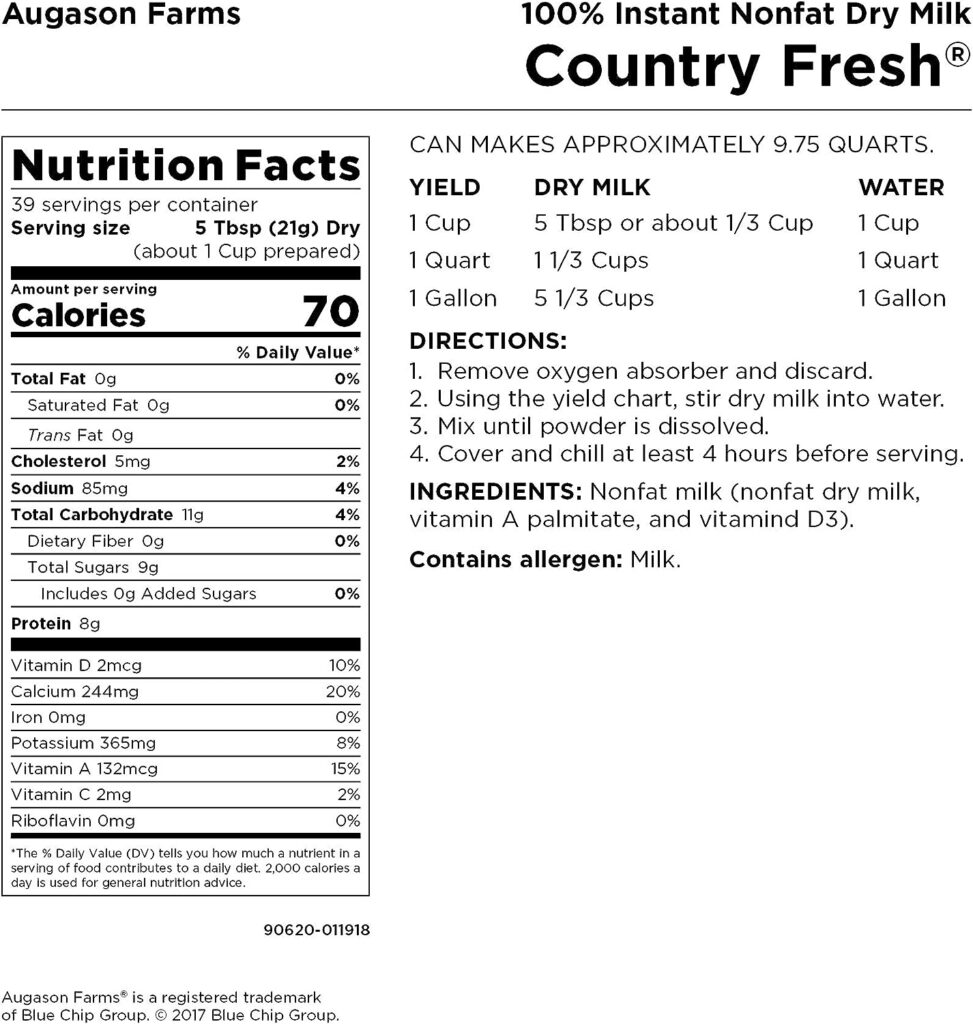 Augason Farms 5-90620 Country Fresh 100% Real Instant Nonfat Dry Milk, 1 lb, 13 oz. Augason Farms 5-90620 Country Fresh 100% Real Instant Nonfat Dry Milk, 1 lb, 13 oz.